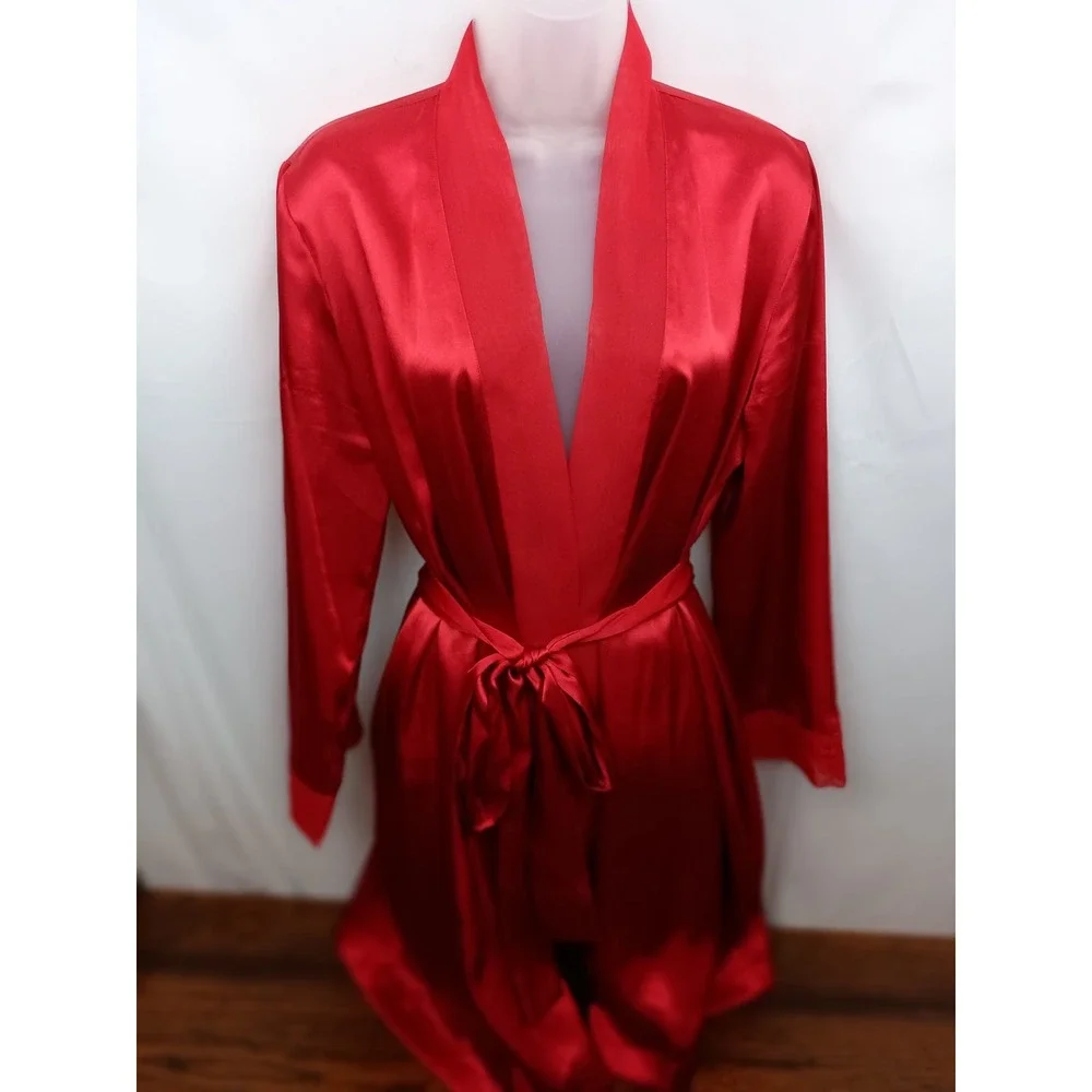 vintage S Red satin belted luxury lace‎ robe valentines date night loungewear